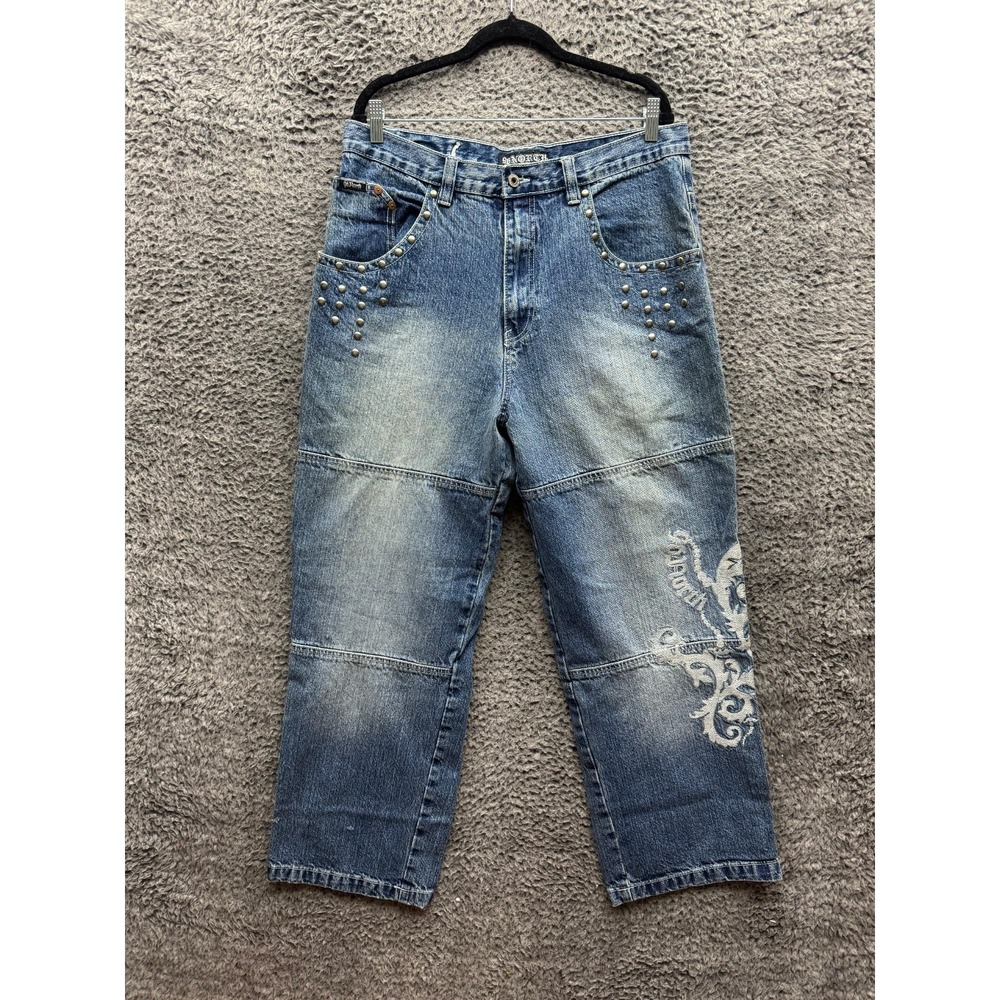 Vintage Y2K 96 North Embroidered Stud Baggy Wide-Leg Denim Jeans Mens 36 x 33